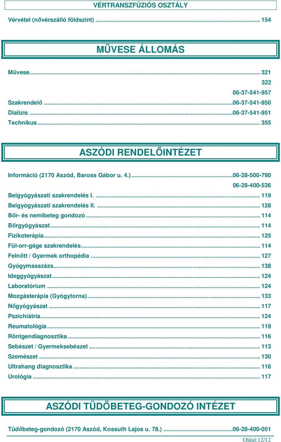 ... 128 Bőr- és nemibeteg gondozó... 114 Bőrgyógyászat... 114 Fizikoterápia... 125 Fül-orr-gége szakrendelés... 114 Felnőtt / Gyermek orthopédia... 127 Gyógymasszázs... 138 Ideggyógyászat.