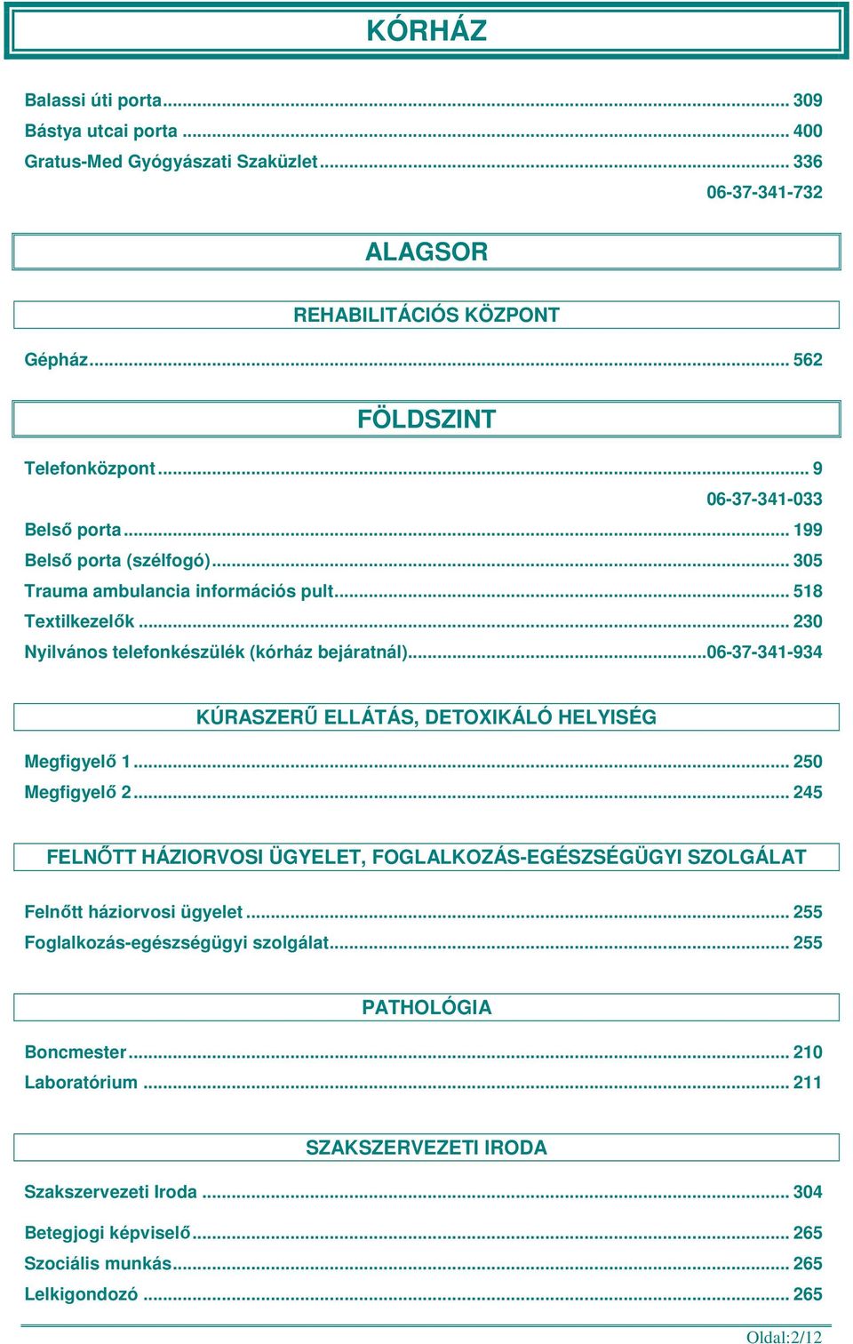 ..06-37-341-934 KÚRASZERŰ ELLÁTÁS, DETOXIKÁLÓ HELYISÉG Megfigyelő 1... 250 Megfigyelő 2... 245 FELNŐTT HÁZIORVOSI ÜGYELET, FOGLALKOZÁS-EGÉSZSÉGÜGYI SZOLGÁLAT Felnőtt háziorvosi ügyelet.