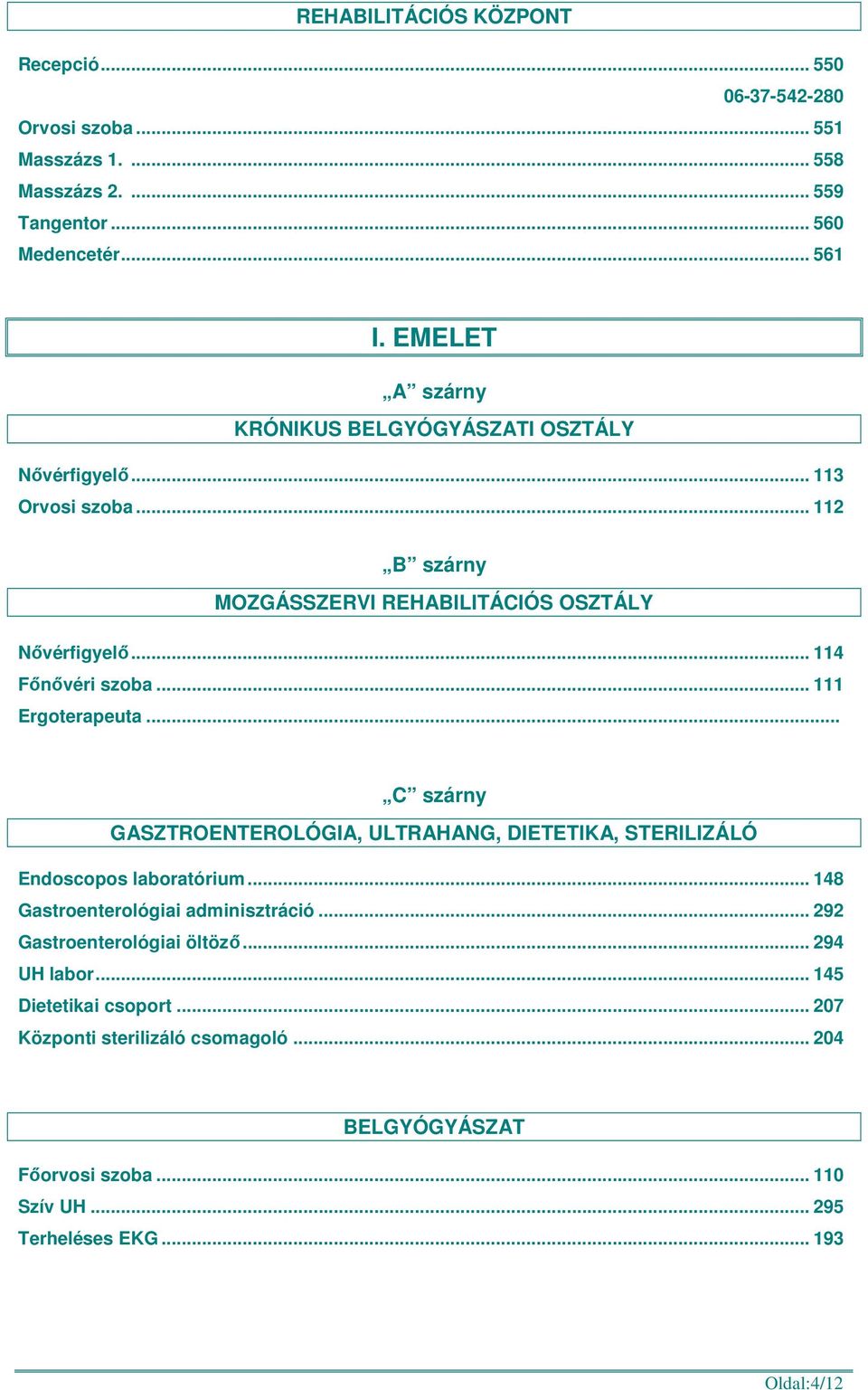 .. 111 Ergoterapeuta... GASZTROENTEROLÓGIA, ULTRAHANG, DIETETIKA, STERILIZÁLÓ Endoscopos laboratórium... 148 Gastroenterológiai adminisztráció.