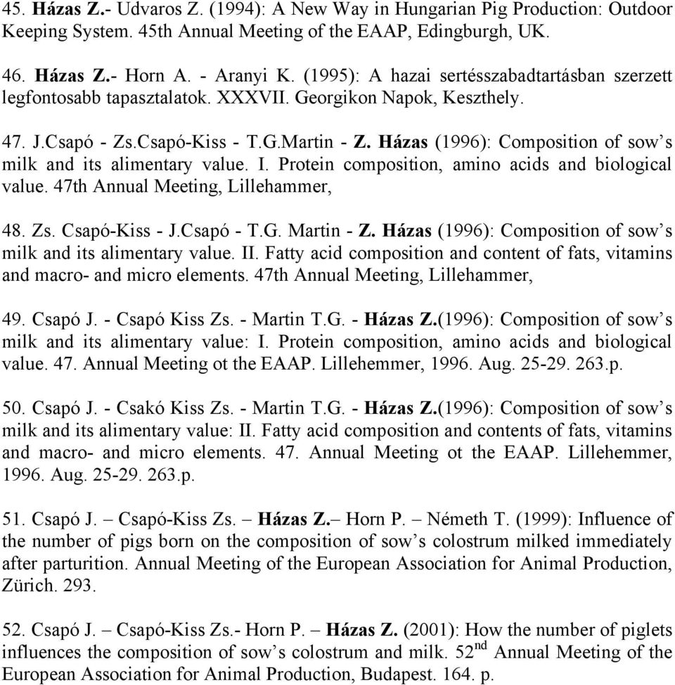 Házas (1996): Composition of sow s milk and its alimentary value. I. Protein composition, amino acids and biological value. 47th Annual Meeting, Lillehammer, 48. Zs. Csapó-Kiss - J.Csapó - T.G.