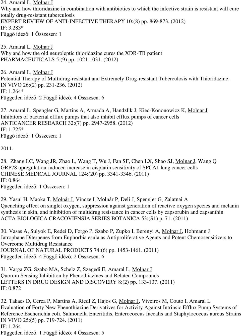 Amaral L, Molnar J Why and how the old neuroleptic thioridazine cures the XDR-TB patient PHARMACEUTICALS 5:(9) pp. 1021-1031. (2012) 26.
