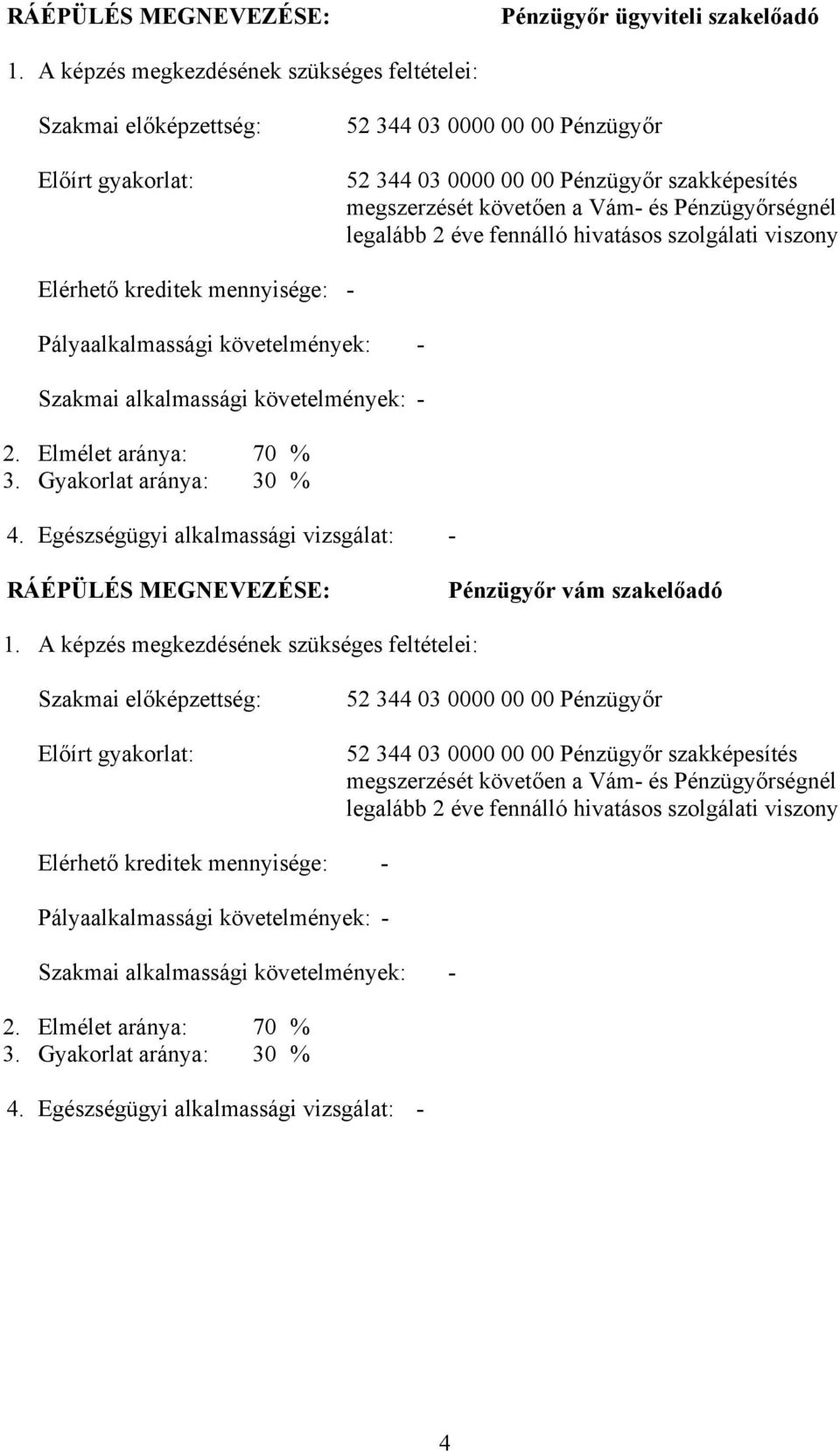 Pénzügyőrségnél legalább 2 éve fennálló hivatásos szolgálati viszony Elérhető kreditek mennyisége: - Pályaalkalmassági követelmények: - Szakmai alkalmassági követelmények: - 2. Elmélet aránya: 70 % 3.