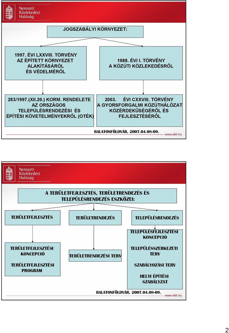 TÖRVÉNY A GYORSFORGALMI KÖZÚTHÁLÓZAT KÖZÉRDEKŐSÉGÉRİL ÉS FEJLESZTÉSÉRİL BALATONFÖLDVÁR, 2007.04.08-09.