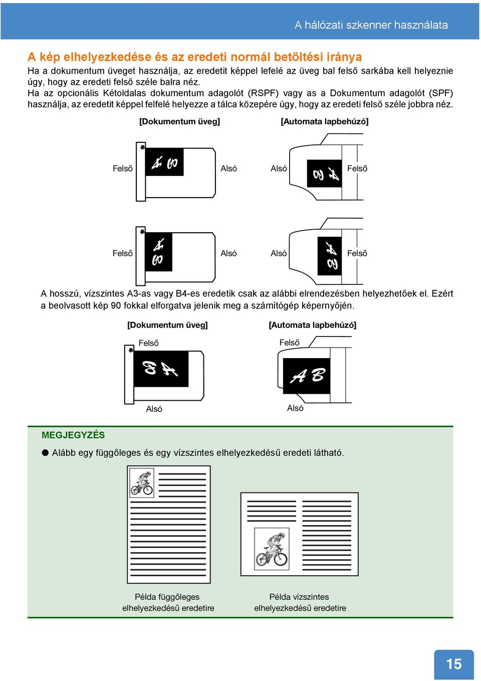 Ha az opcionális Kétoldalas dokumentum adagolót (RSPF) vagy as a Dokumentum adagolót (SPF) használja, az eredetit képpel felfelé helyezze a tálca közepére úgy, hogy az eredeti felső széle jobbra néz.