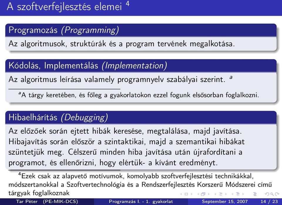 Hibaelhárítás (Debugging) Az előzőek során ejtett hibák keresése, megtalálása, majd javítása. Hibajavítás során először a szintaktikai, majd a szemantikai hibákat szüntetjük meg.