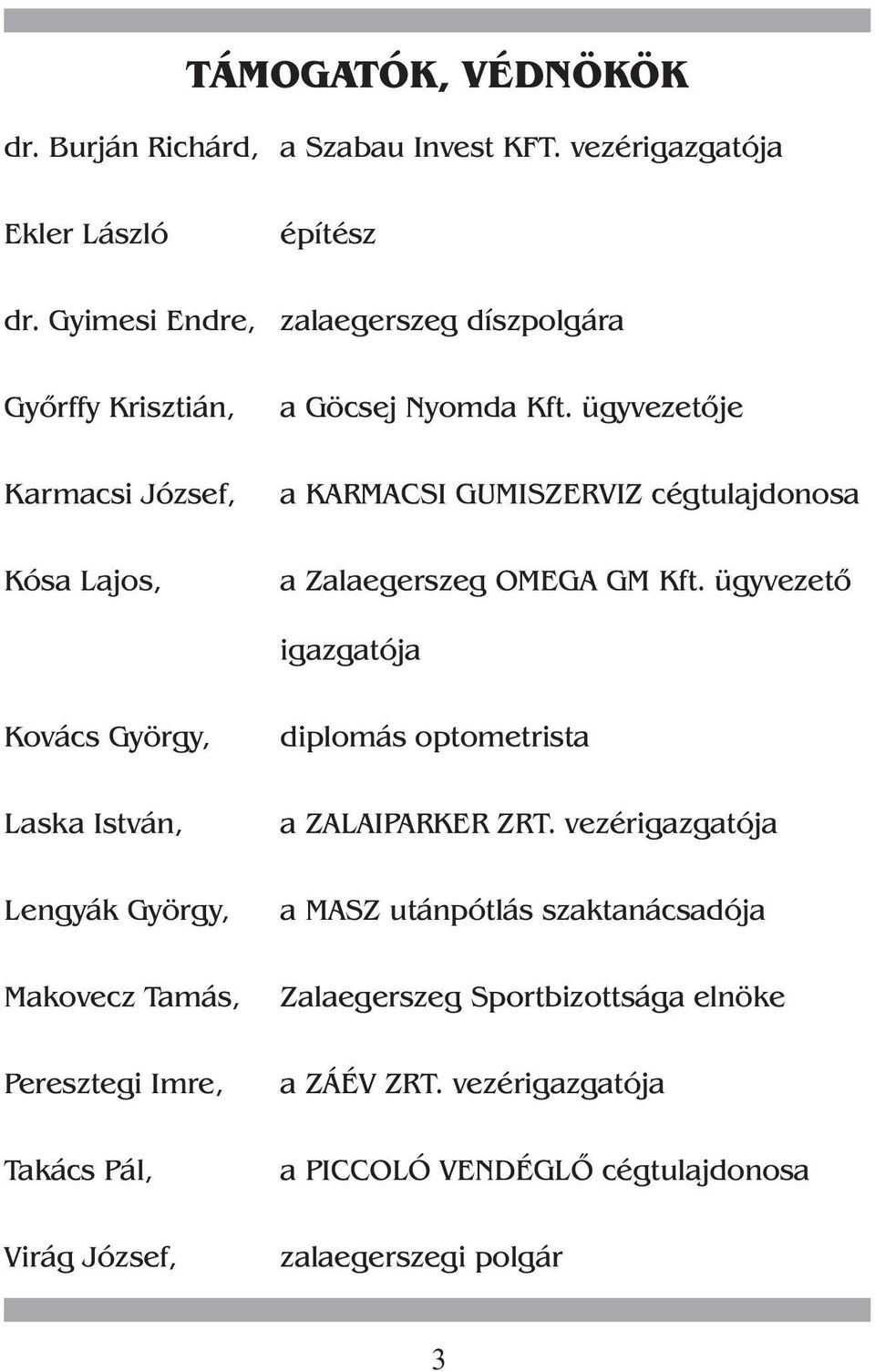 ügyvezetõje Karmacsi József, a KARMACSI GUMISZERVIZ cégtulajdonosa Kósa Lajos, a Zalaegerszeg OMEGA GM Kft.