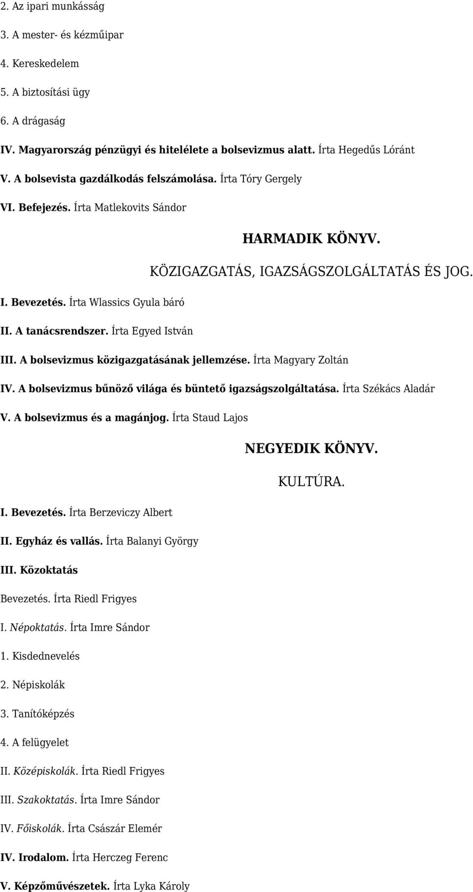 A tanácsrendszer. Írta Egyed István III. A bolsevizmus közigazgatásának jellemzése. Írta Magyary Zoltán IV. A bolsevizmus bűnöző világa és büntető igazságszolgáltatása. Írta Székács Aladár V.