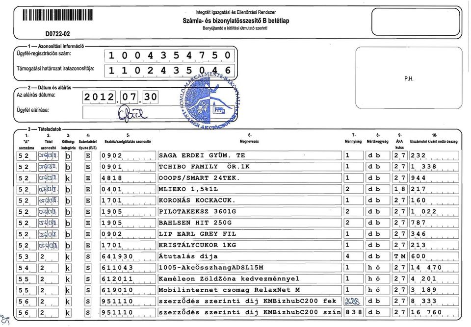 A Tétel Költség Számlatélel Eszköz/szolgáltatás azonosító Megnevezés sorszáma azonosltó kategória tfpusa (ES) kulcs 52 F lcqj1t 1 -.--.--- lqj 1'--0-9-02------SAGA ERDE GYÜM.