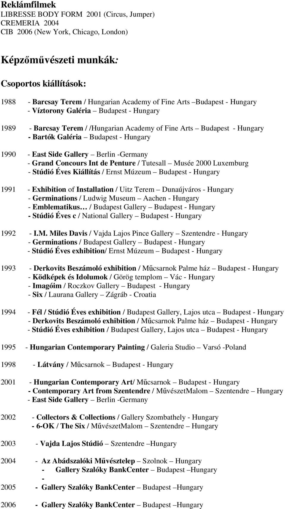 Budapest - Hungary 1990 - East Side Gallery Berlin -Germany - Grand Concours Int de Penture / Tutesall Musée 2000 Luxemburg - Stúdió Éves Kiállítás / Ernst Múzeum Budapest - Hungary 1991 - Exhibition