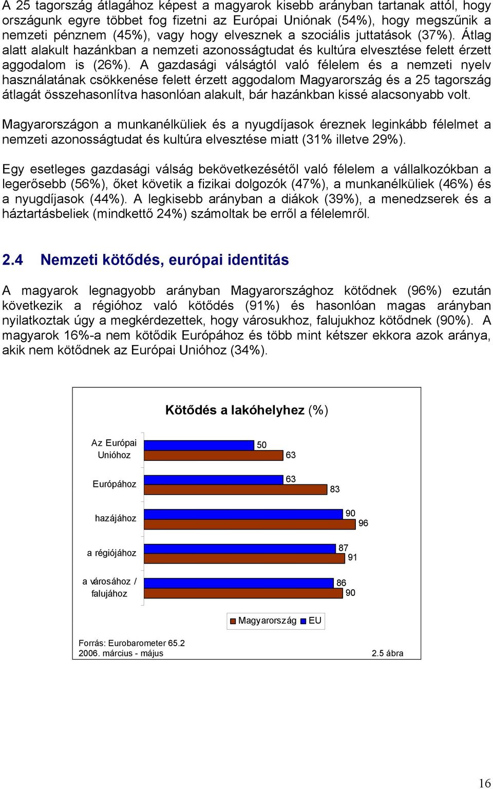 A gazdasági válságtól való félelem és a nemzeti nyelv használatának csökkenése felett érzett aggodalom Magyarország és a 5 tagország átlagát összehasonlítva hasonlóan alakult, bár hazánkban kissé