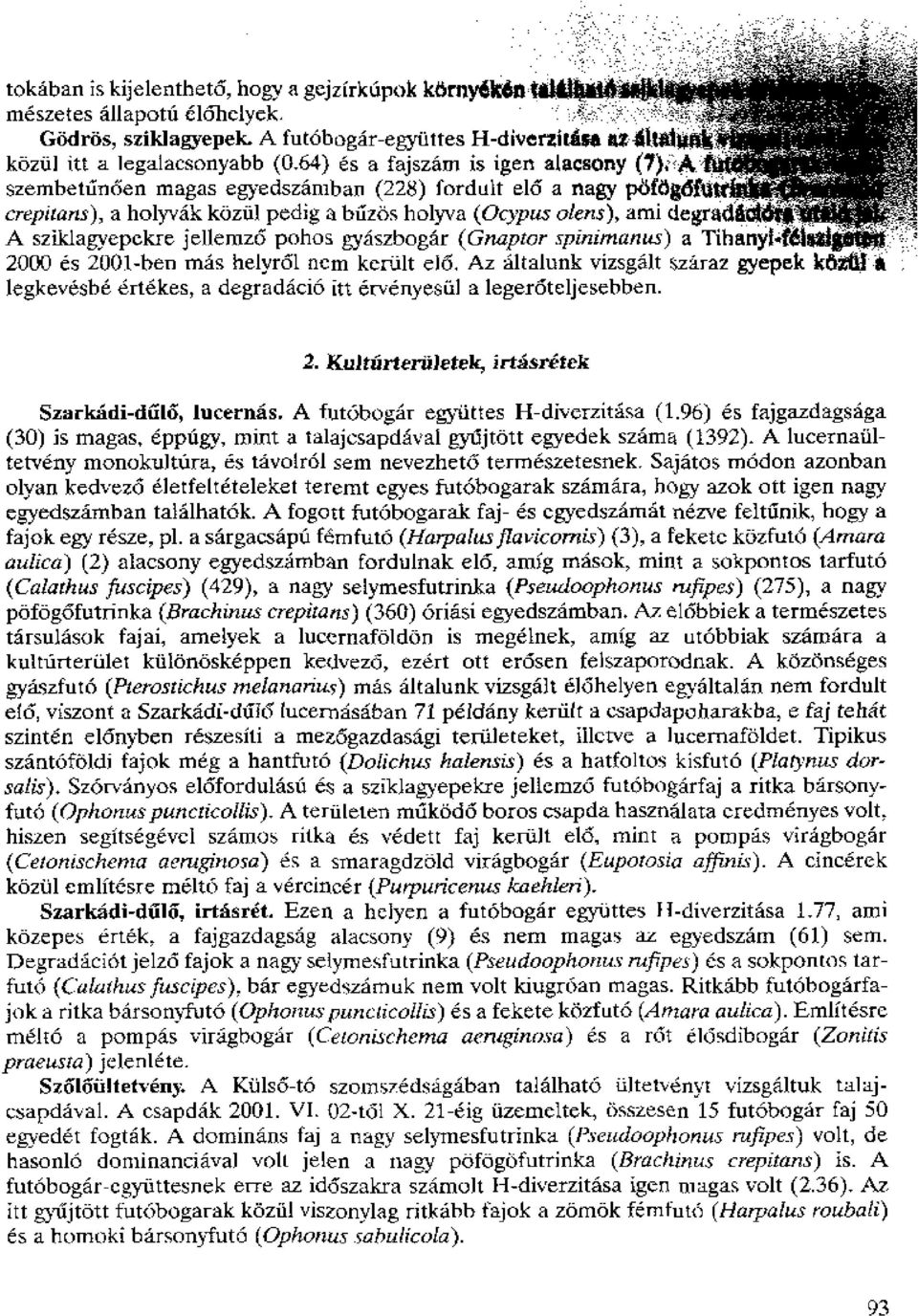 sziklagyepekre jellemz6 pohos gygszbogar (Gnaptor spinirnanu_s) a Tihany141 2000 es 2001-ben Trigs helyr61 nern kertilt ei6, Az altalunk vizsgalt szaraz gyepek kfattl legkevesbe ertekes, a degradaci6