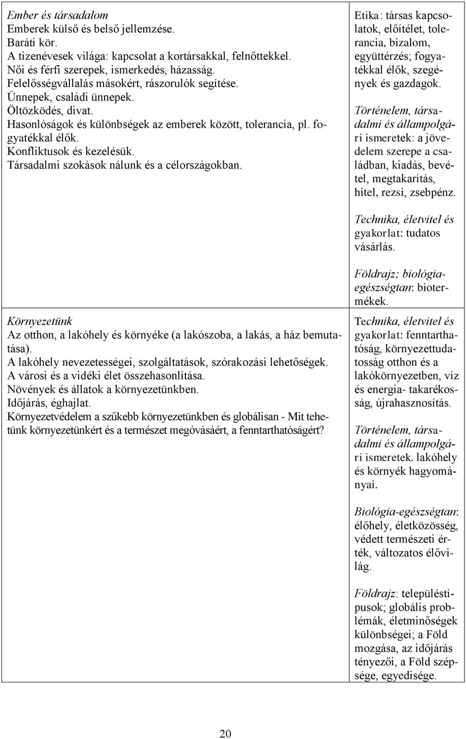 Konfliktusok és kezelésük. Társadalmi szokások nálunk és a célországokban. Etika: társas kapcsolatok, előítélet, tolerancia, bizalom, együttérzés; fogyatékkal élők, szegények és gazdagok.