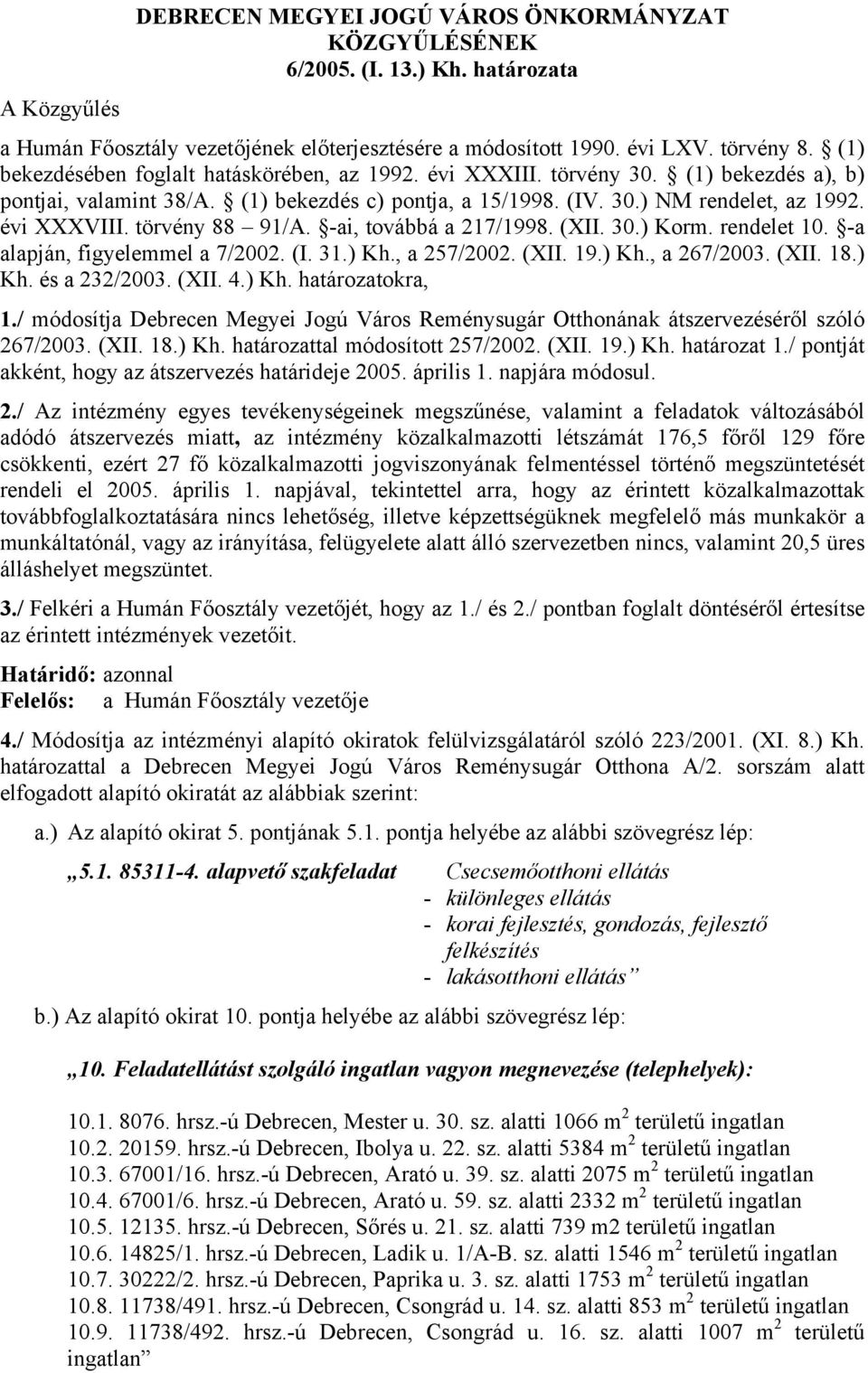 törvény 88 91/A. -ai, továbbá a 217/1998. (XII. 30.) Korm. rendelet 10. -a alapján, figyelemmel a 7/2002. (I. 31.) Kh., a 257/2002. (XII. 19.) Kh., a 267/2003. (XII. 18.) Kh. és a 232/2003. (XII. 4.