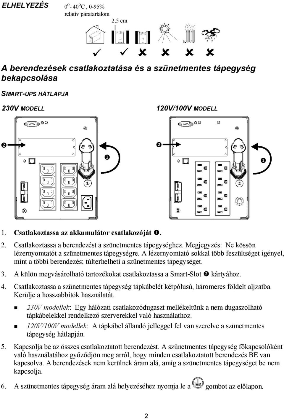 A lézernyomtató sokkal több feszültséget igényel, mint a többi berendezés; túlterhelheti a szünetmentes tápegységet. 3. A külön megvásárolható tartozékokat csatlakoztassa a Smart-Slot! kártyához. 4.