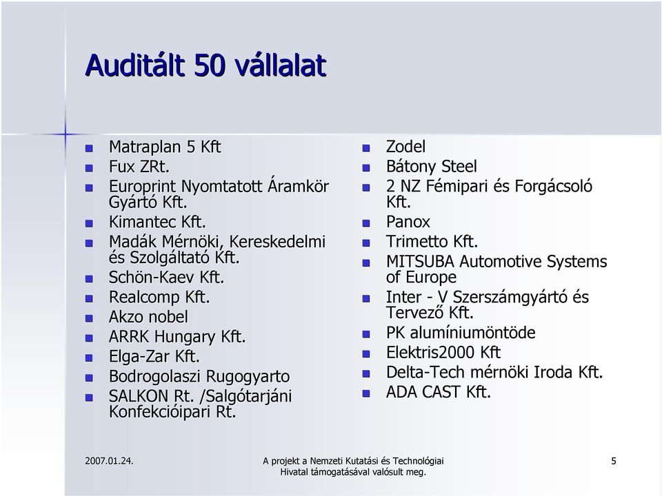 Bodrogolaszi Rugogyarto SALKON Rt. /Salgótarjáni Konfekcióipari Rt. Zodel Bátony Steel 2 NZ Fémipari és Forgácsoló Kft.