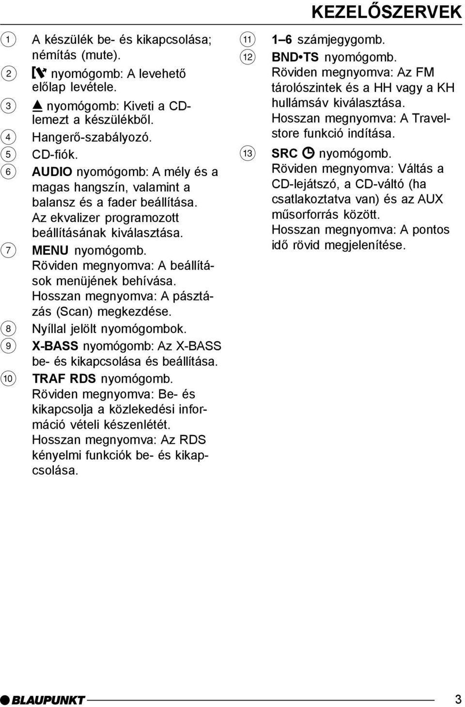 Röviden megnyomva: A beállítások menüjének behívása. Hosszan megnyomva: A pásztázás (Scan) megkezdése. 8 Nyíllal jelölt nyomógombok. 9 X-BASS nyomógomb: Az X-BASS be- és kikapcsolása és beállítása.