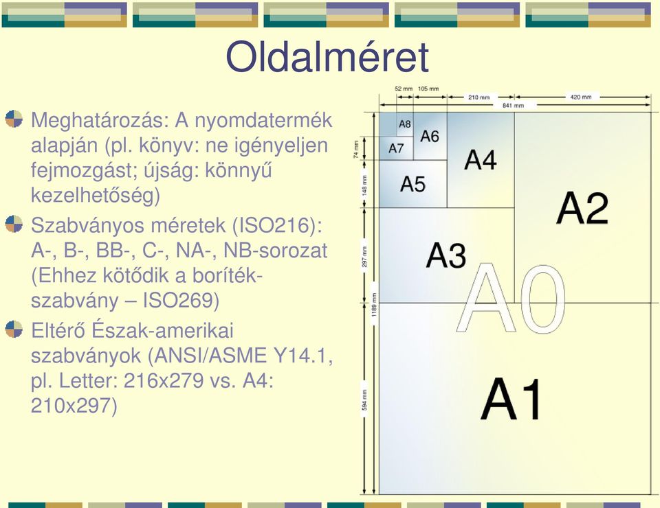 méretek (ISO216): A, B, BB, C, NA, NB sorozat (Ehhez kötődik a