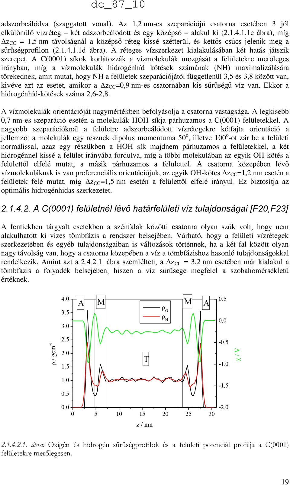 A C(0001) síkok korlátozzák a vízmolekulák mozgását a felületekre merőleges irányban, míg a vízmolekulák hidrogénhíd kötések számának (NH) maximalizálására törekednek, amit mutat, hogy NH a felületek