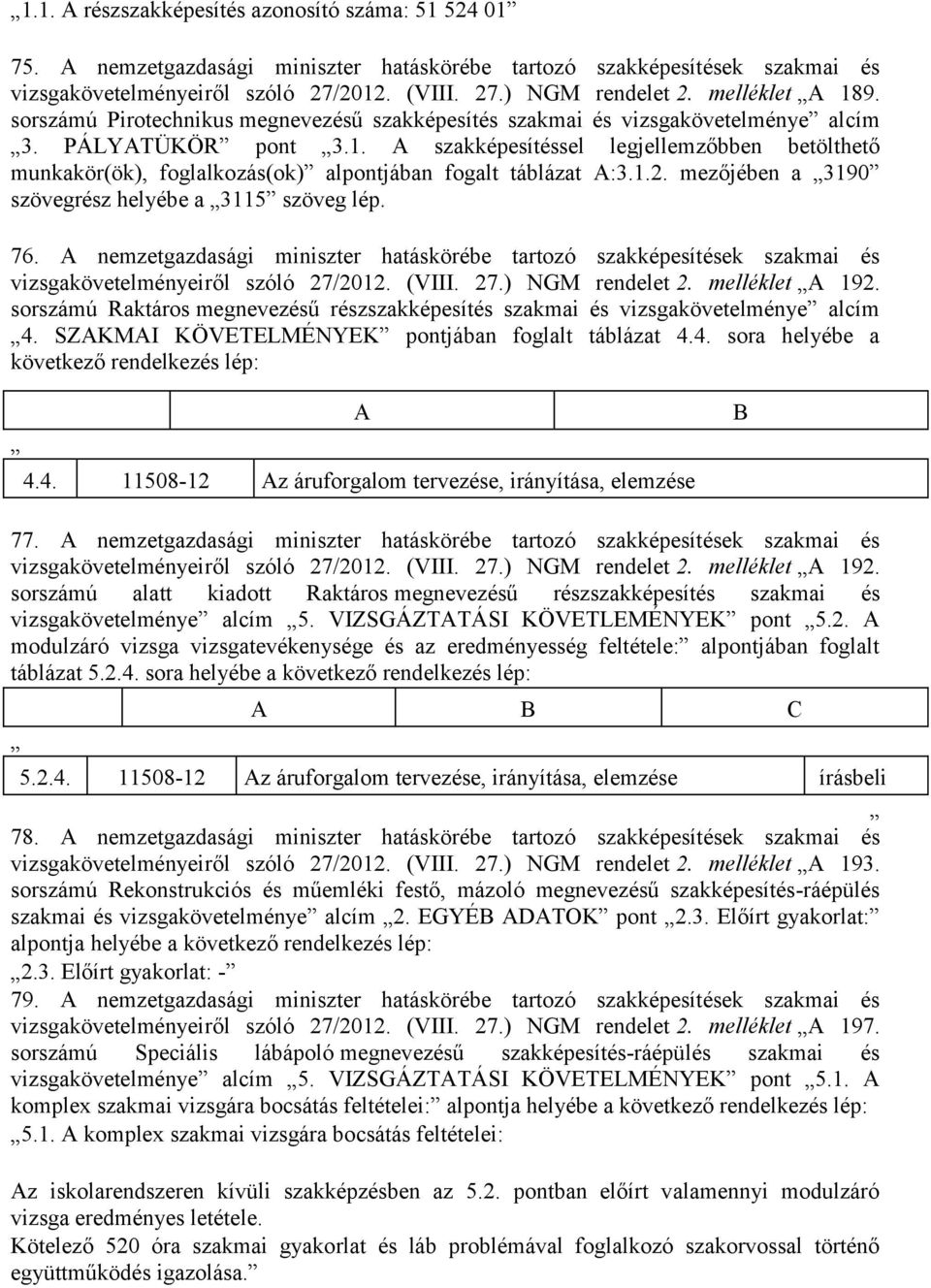 1.2. mezőjében a 3190 szövegrész helyébe a 3115 szöveg lép. 76. A nemzetgazdasági miniszter hatáskörébe tartozó szakképesítések szakmai és vizsgakövetelményeiről szóló 27/2012. (VIII. 27.) NGM rendelet 2.