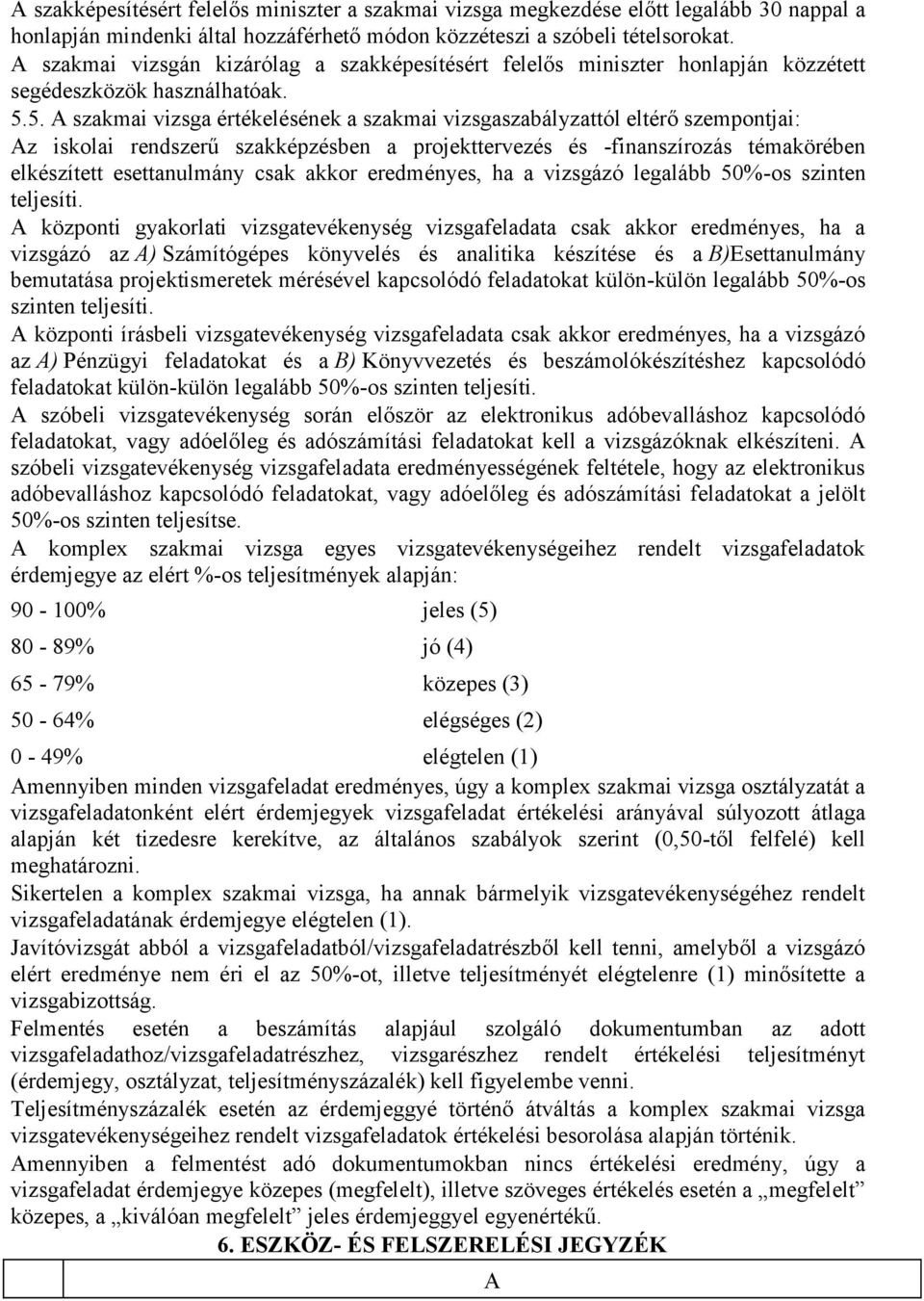 5. A szakmai vizsga értékelésének a szakmai vizsgaszabályzattól eltérő szempontjai: Az iskolai rendszerű szakképzésben a projekttervezés és -finanszírozás témakörében elkészített esettanulmány csak