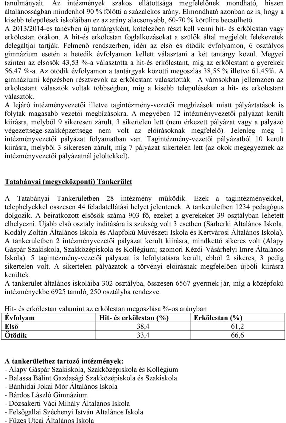 A 2013/2014-es tanévben új tantárgyként, kötelezően részt kell venni hit- és erkölcstan vagy erkölcstan órákon.