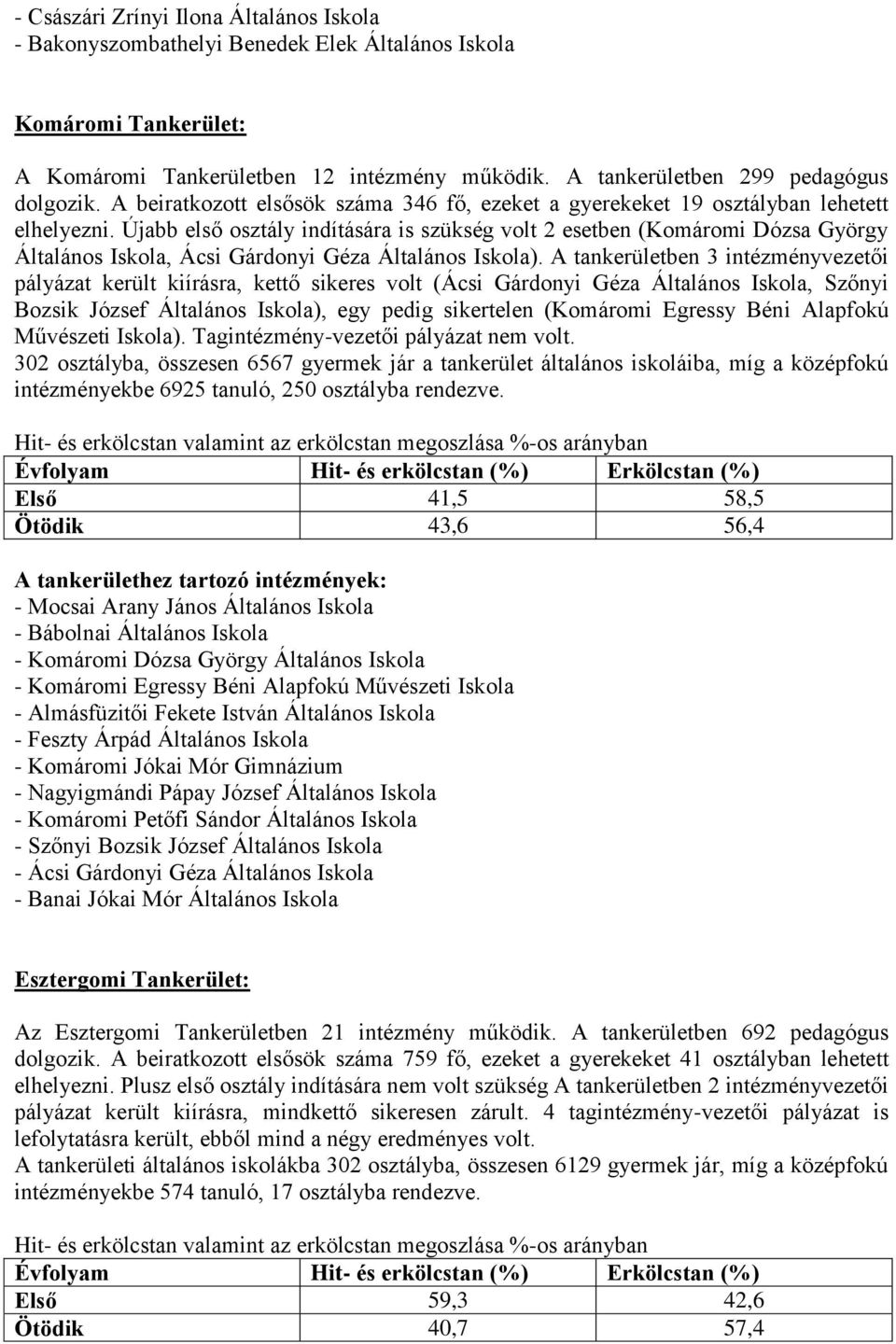 Újabb első osztály indítására is szükség volt 2 esetben (Komáromi Dózsa György Általános Iskola, Ácsi Gárdonyi Géza Általános Iskola).