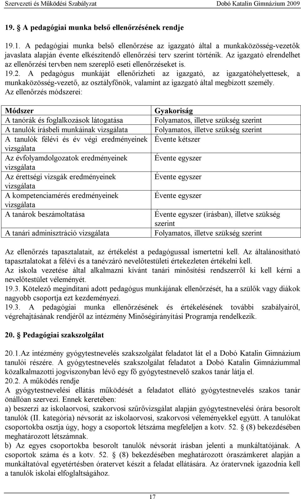 A pedagógus munkáját ellenőrizheti az igazgató, az igazgatóhelyettesek, a munkaközösség-vezető, az osztályfőnök, valamint az igazgató által megbízott személy.