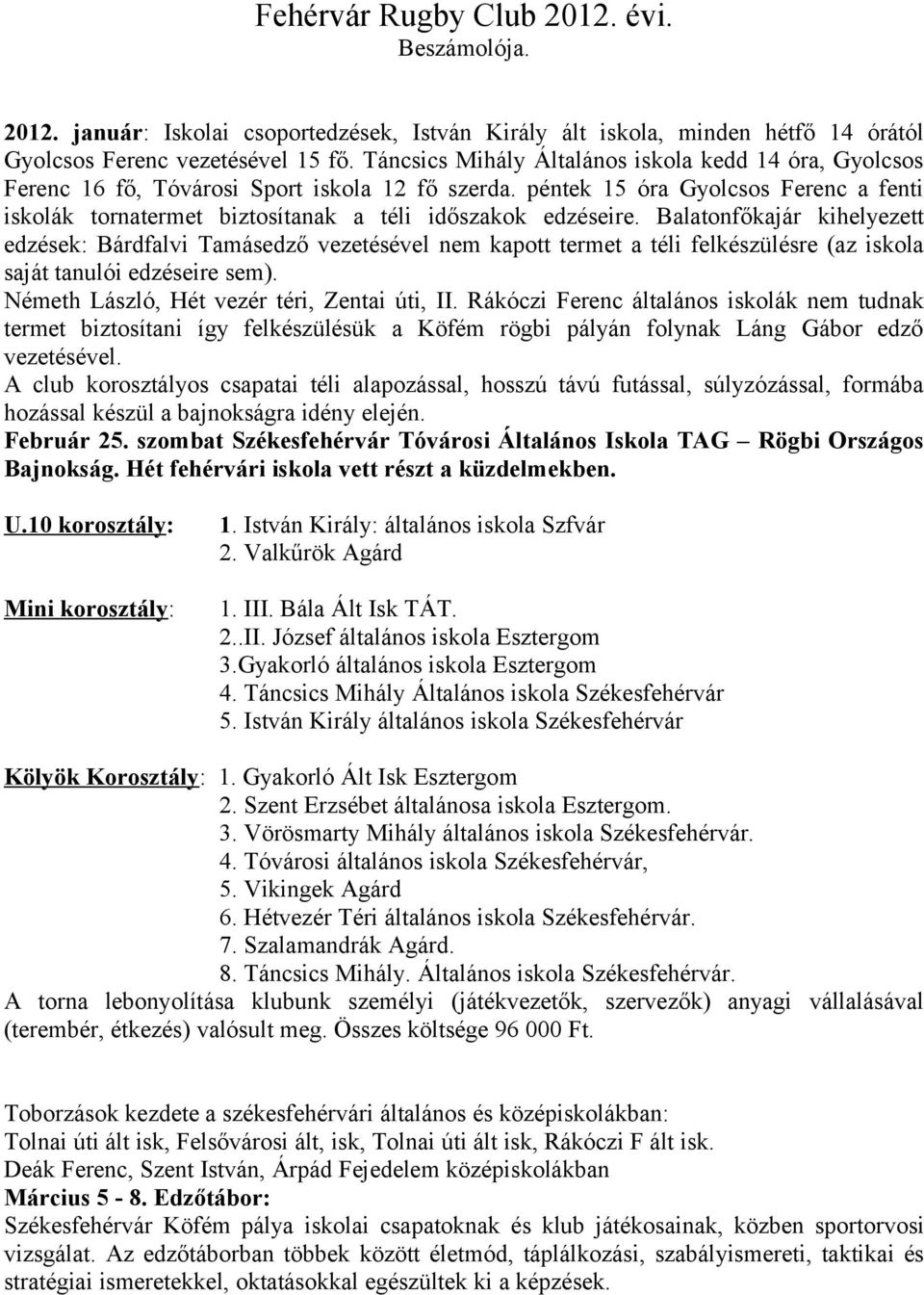 péntek 15 óra Gyolcsos Ferenc a fenti iskolák tornatermet biztosítanak a téli időszakok edzéseire.