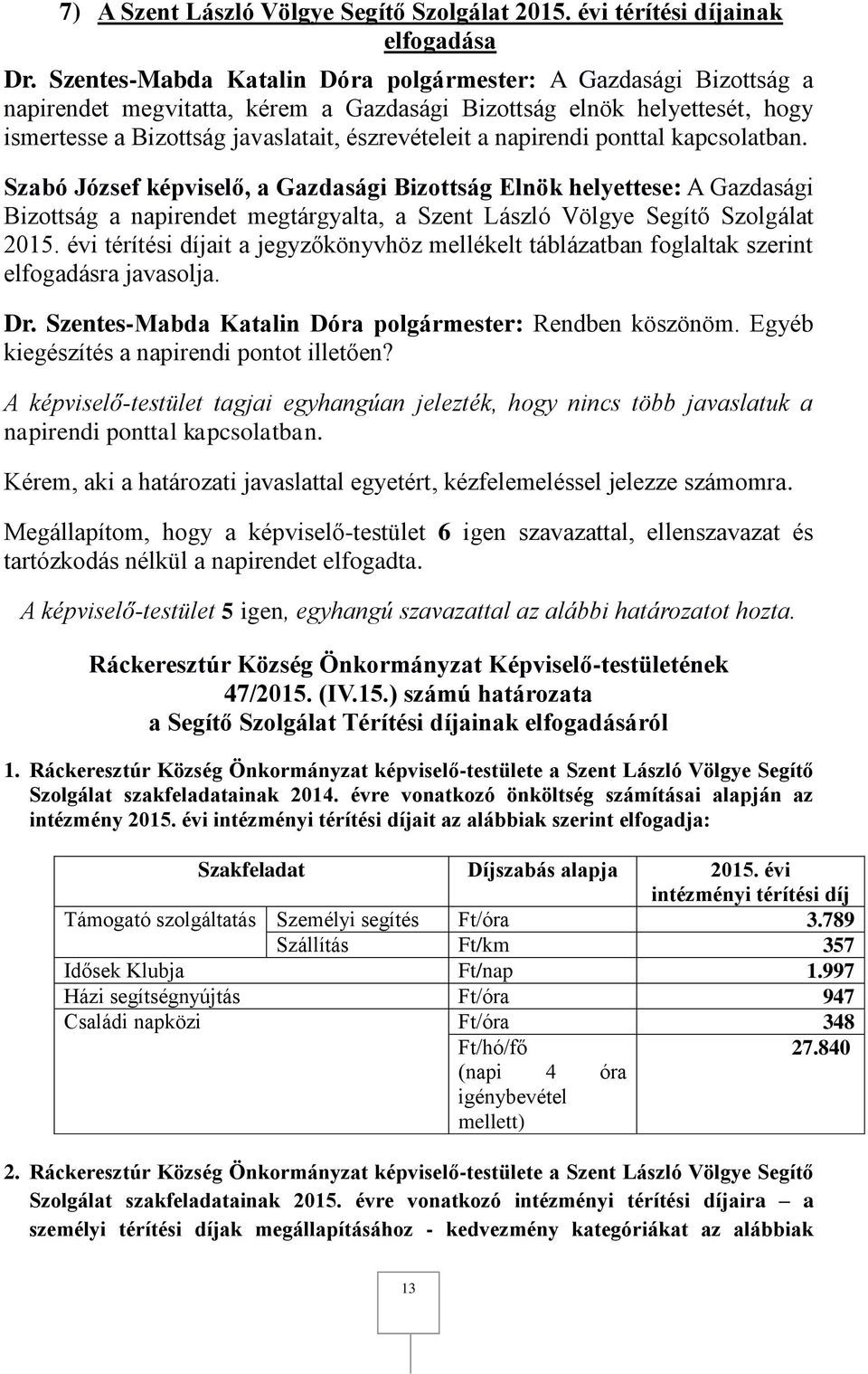 évi térítési díjait a jegyzőkönyvhöz mellékelt táblázatban foglaltak szerint elfogadásra javasolja. Dr. Szentes-Mabda Katalin Dóra polgármester: Rendben köszönöm.