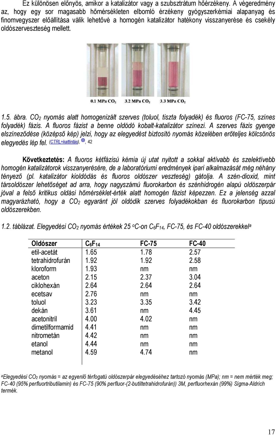 oldószerveszteség mellett. 1.5. ábra. C2 nyomás alatt homogenizált szerves (toluol, tiszta folyadék) és fluoros (C-75, színes folyadék) fázis.
