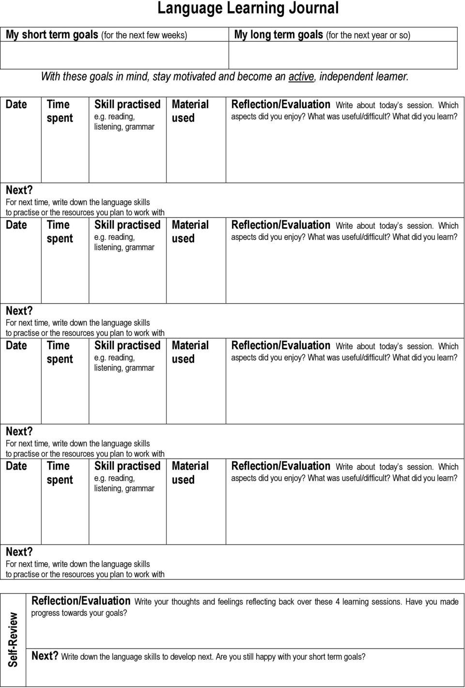 Self-Review Reflection/Evaluation Write your thoughts and feelings reflecting back over these 4 learning sessions.