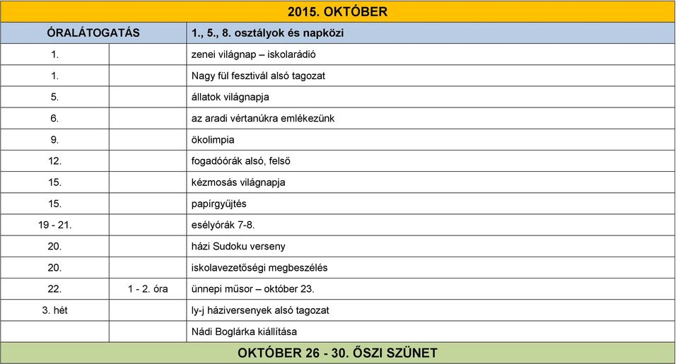 kézmosás világnapja 15. papírgyűjtés 19-21. esélyórák 7-8. 20. házi Sudoku verseny 20.