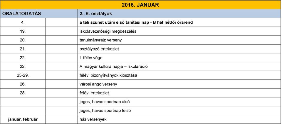 A magyar kultúra napja iskolarádió 25-29. félévi bizonyítványok kiosztása 26. városi angolverseny 28.