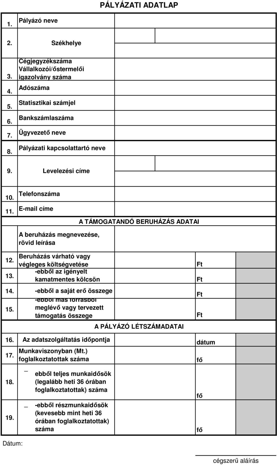 Telefonszáma E-mail címe A TÁMOGATANDÓ BERUHÁZÁS ADATAI 12. 13. 14. 15.