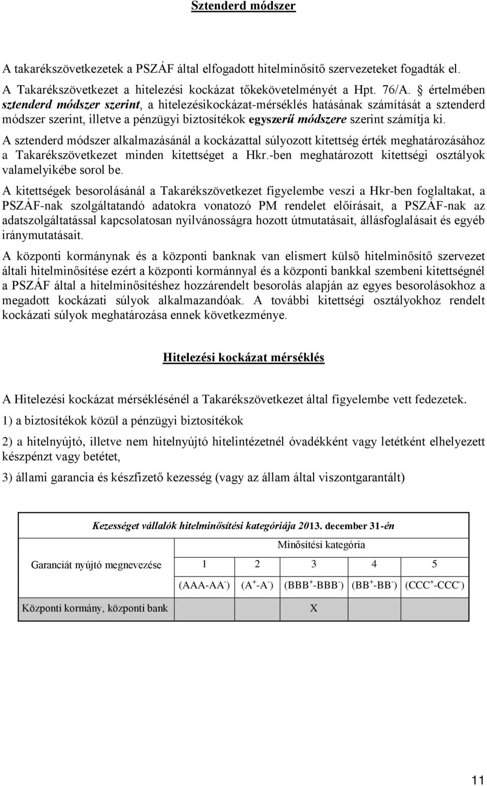 A sztenderd módszer alkalmazásánál a kockázattal súlyozott kitettség érték meghatározásához a Takarékszövetkezet minden kitettséget a Hkr.