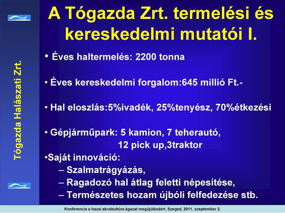 - Hal eloszlás:5%ivadék, 25%tenyész, 70%étkezési Gépjárműpark: 5 kamion, 7 teherautó,