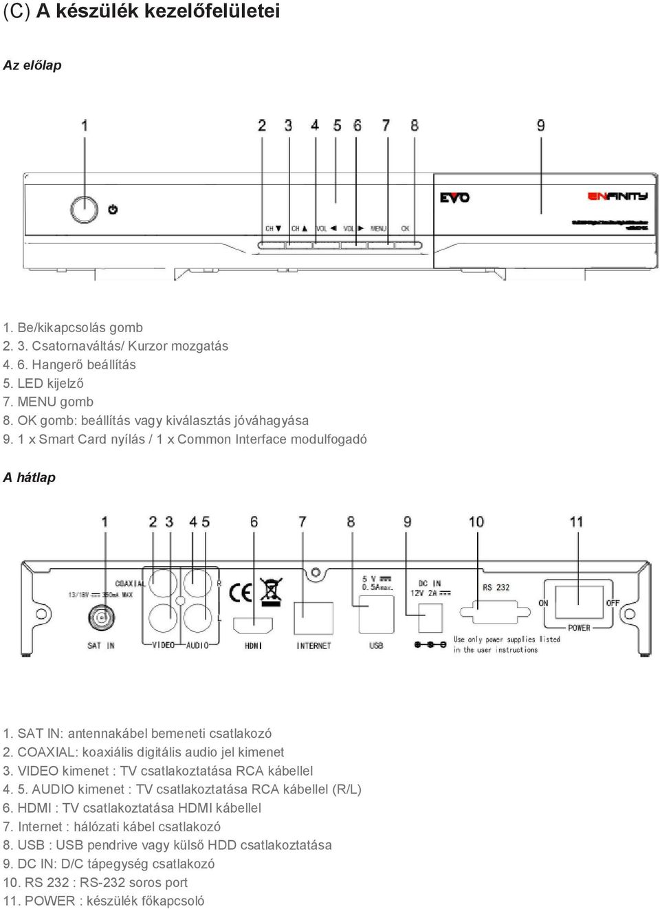 COAXIAL: koaxiális digitális audio jel kimenet 3. VIDEO kimenet : TV csatlakoztatása RCA kábellel 4. 5. AUDIO kimenet : TV csatlakoztatása RCA kábellel (R/L) 6.