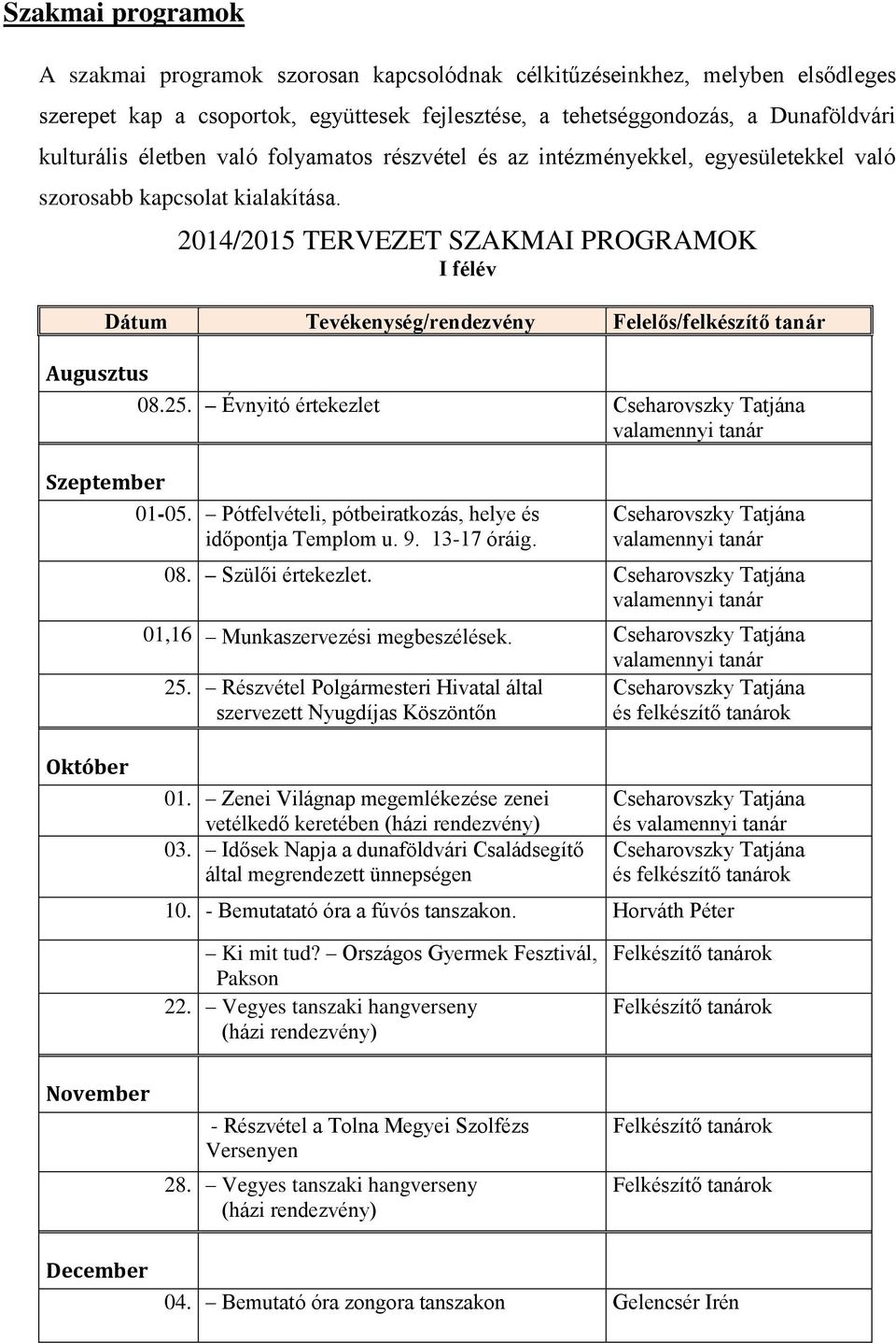 Augusztus 2014/2015 TERVEZET SZAKMAI PROGRAMOK I félév Dátum Tevékenység/rendezvény Felelős/felkészítő tanár 08.25. Évnyitó értekezlet Szeptember 01-05.