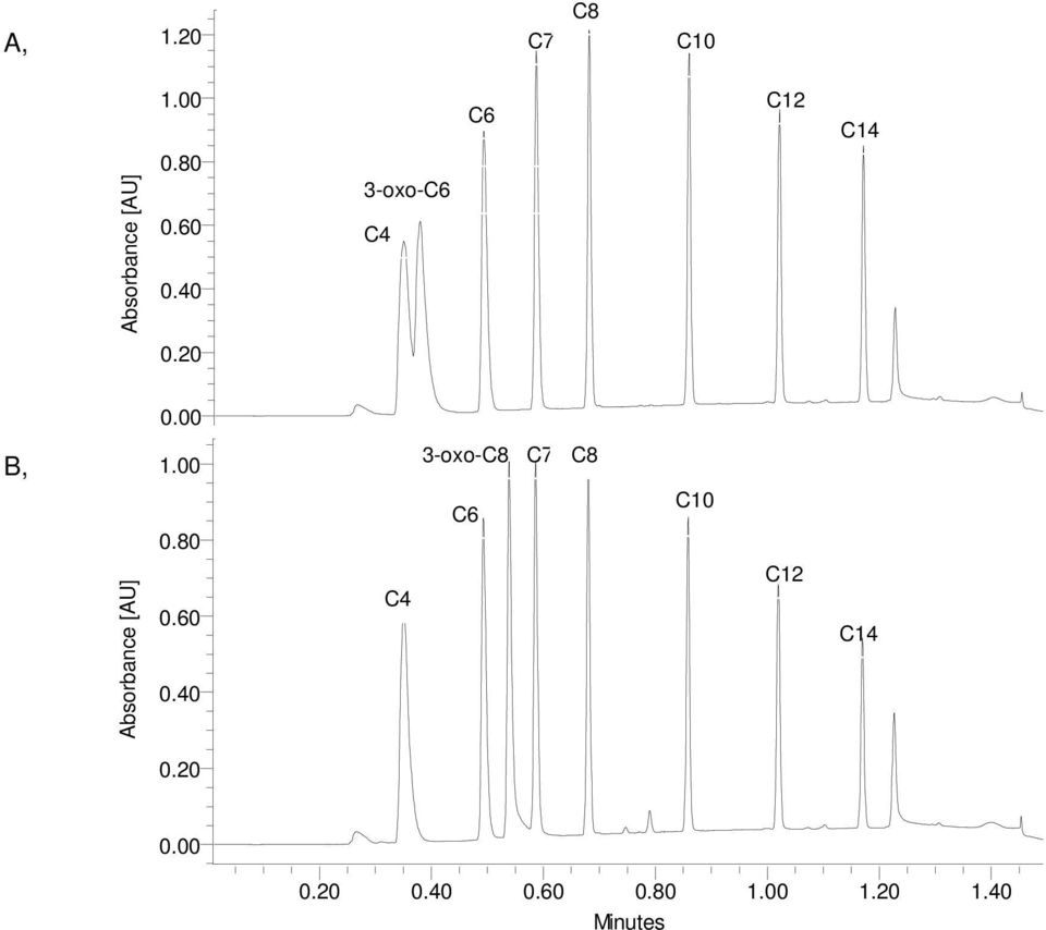00 B, Absorbance AU [AU] 1.00 0.80 0.60 0.40 0.20 0.20 0.40 3-oxo-C8 0.60 C7 C8 0.
