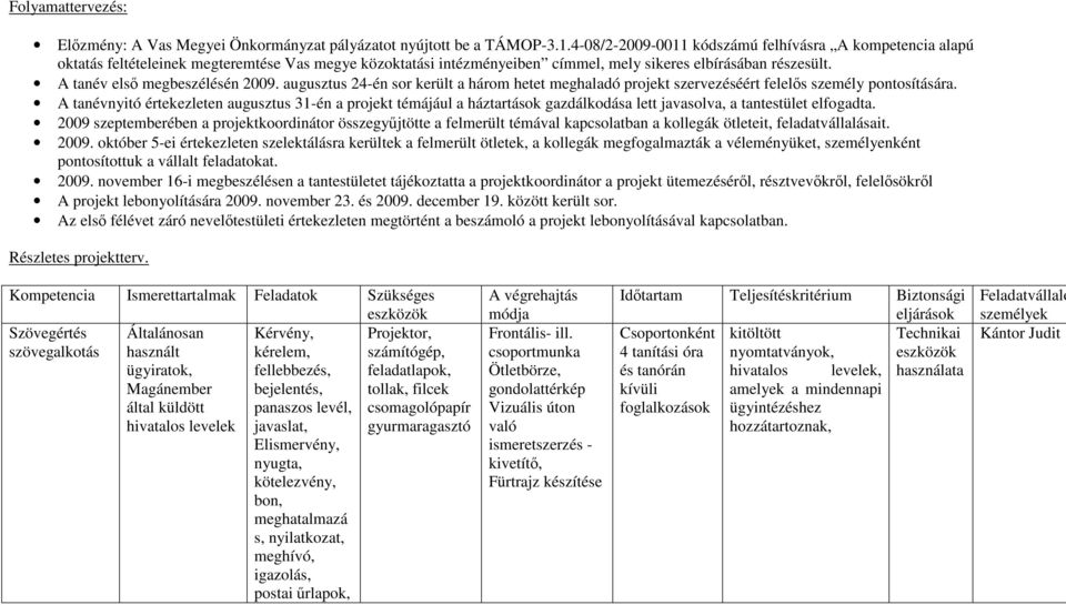 A tanév első megbeszélésén 2009. augusztus 2-én sor került a három hetet meghaladó projekt szervezéséért felelős személy pontosítására.