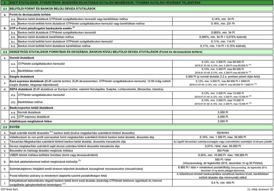 OTP eforint pénzforgalmi bankszámla esetén (6) Bankon belüli átutalások OTPdirekt szolgáltatásokon keresztül Bankon belüli átutalások bankfiókban indítva Bankon kívüli belföldi forint átutalások