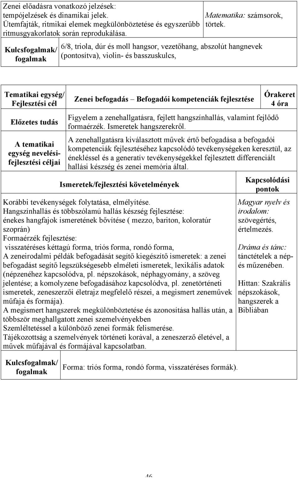 6/8, triola, dúr és moll hangsor, vezetőhang, abszolút hangnevek (pontosítva), violin- és basszuskulcs, Tematikai egység/ A tematikai egység nevelésifejlesztési Zenei befogadás Befogadói kompetenciák