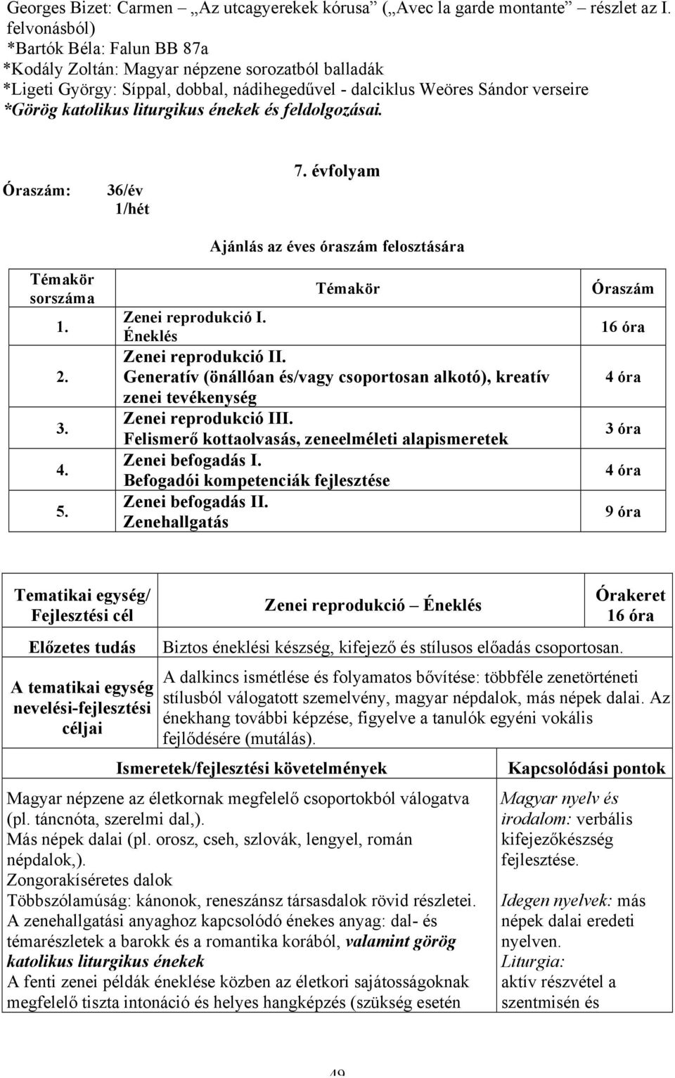 énekek és feldolgozásai. Óraszám: 36/év 1/hét 7. évfolyam Ajánlás az éves óraszám felosztására Témakör sorszáma 1. 2. 3. 4. 5. Témakör Zenei reprodukció I. Éneklés Zenei reprodukció II.