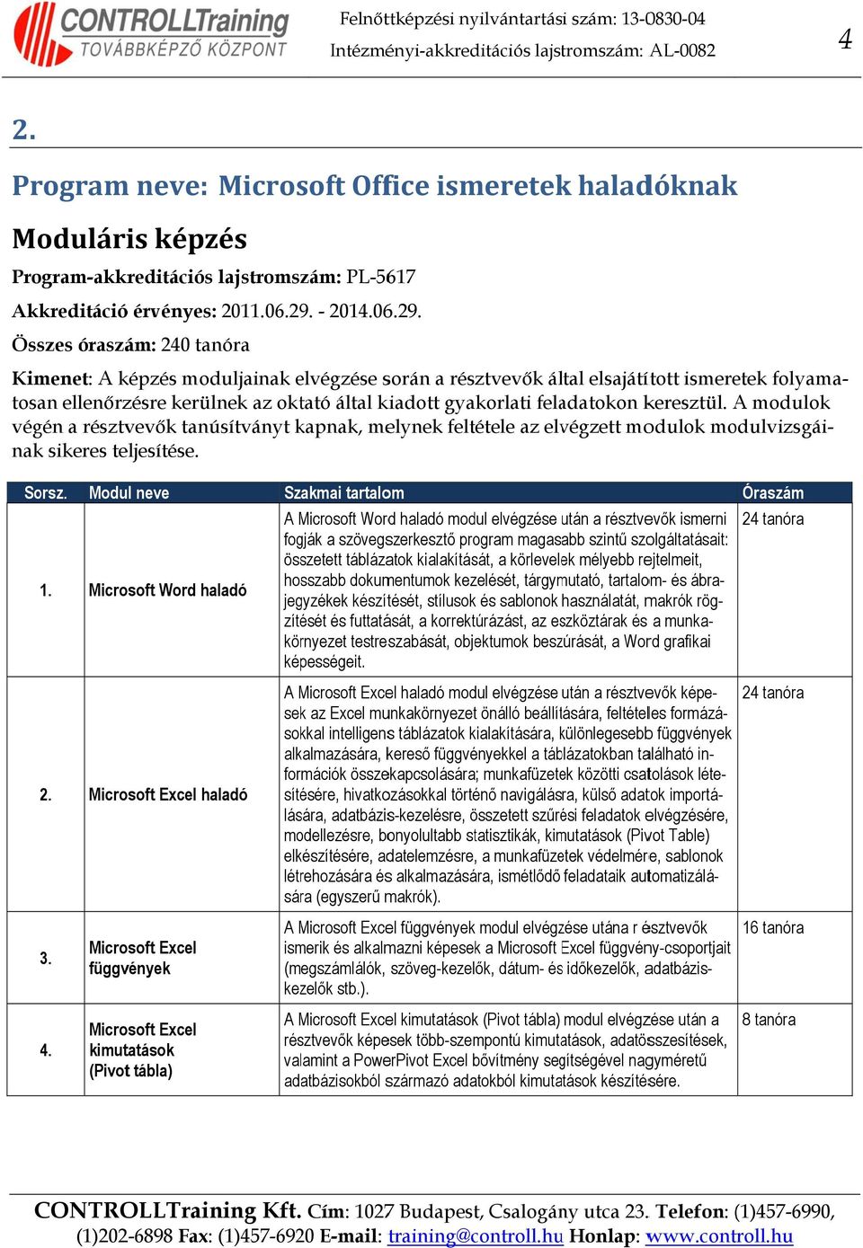 Összes óraszám: 240 tanóra Kimenet: A képzés moduljainak elvégzése során a résztvevők által elsajátított ismeretek folyama- tosan ellenőrzésre kerülnek az oktató által kiadott gyakorlati feladatokon