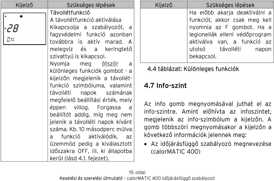 Nyomja meg ötször a különleges funkciók gombot - a kijelzőn megjelenik a távollétfunkció szimbóluma, valamint távolléti napok számának megfelelő beállítási érték, mely éppen villog.