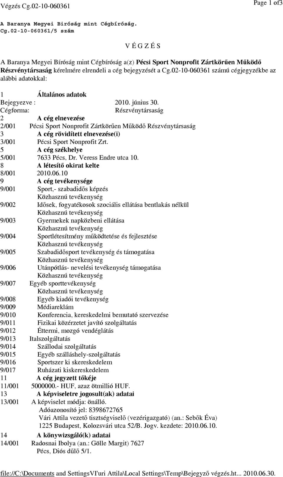 02-10-060361 számú cégjegyzékbe az alábbi adatokkal: 1 Általános adatok Bejegyezve : 2010. június 30.