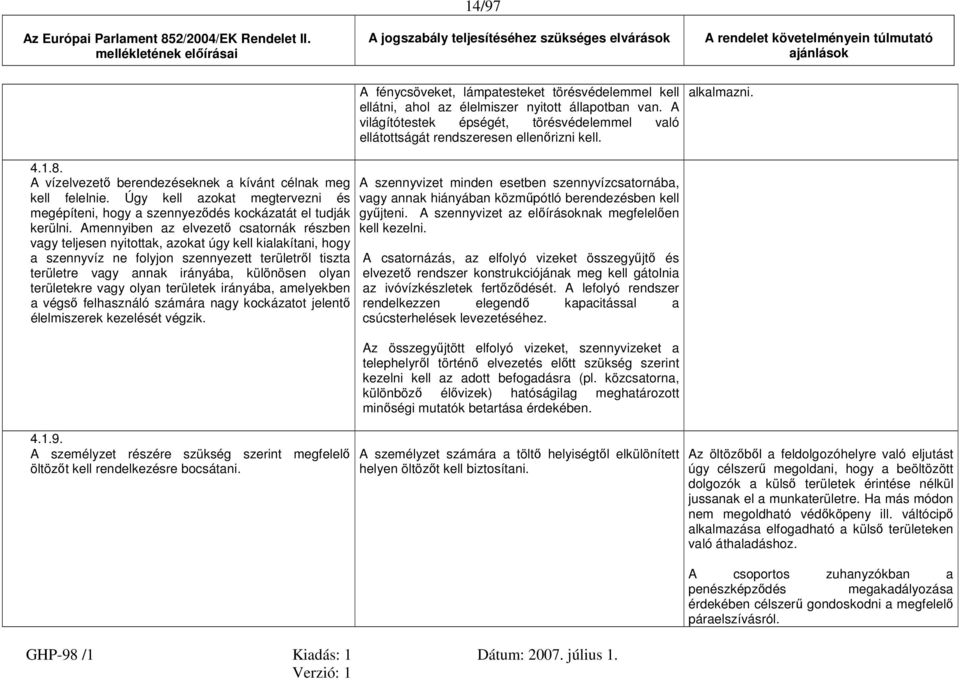 élelmiszer nyitott állapotban van. A világítótestek épségét, törésvédelemmel való ellátottságát rendszeresen ellenőrizni kell. alkalmazni. 4.1.8.