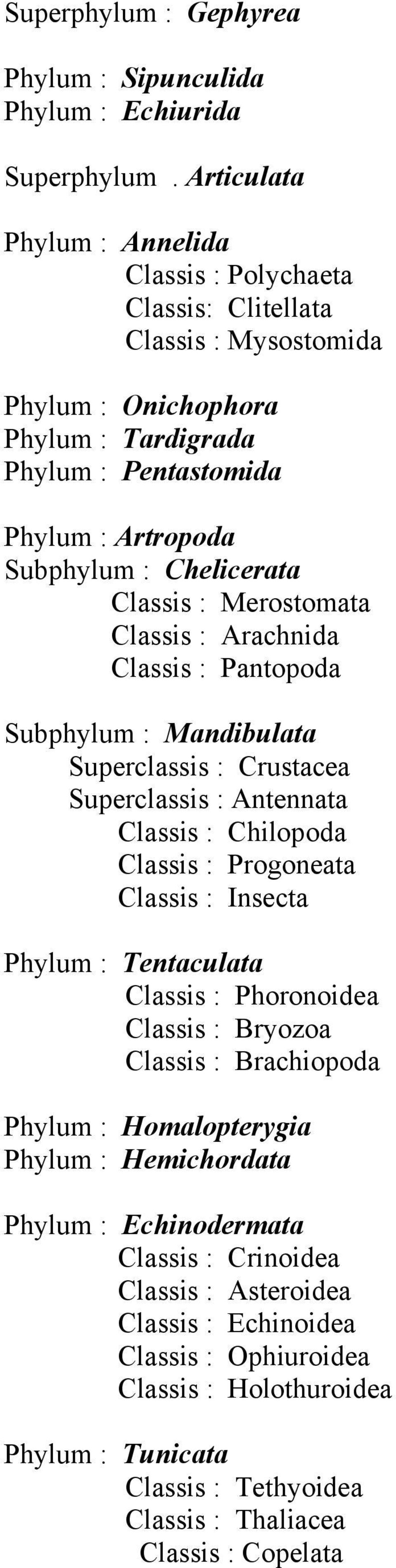 Classis : Merostomata Classis : Arachnida Classis : Pantopoda Subphylum : Mandibulata Superclassis : Crustacea Superclassis : Antennata Classis : Chilopoda Classis : Progoneata Classis : Insecta