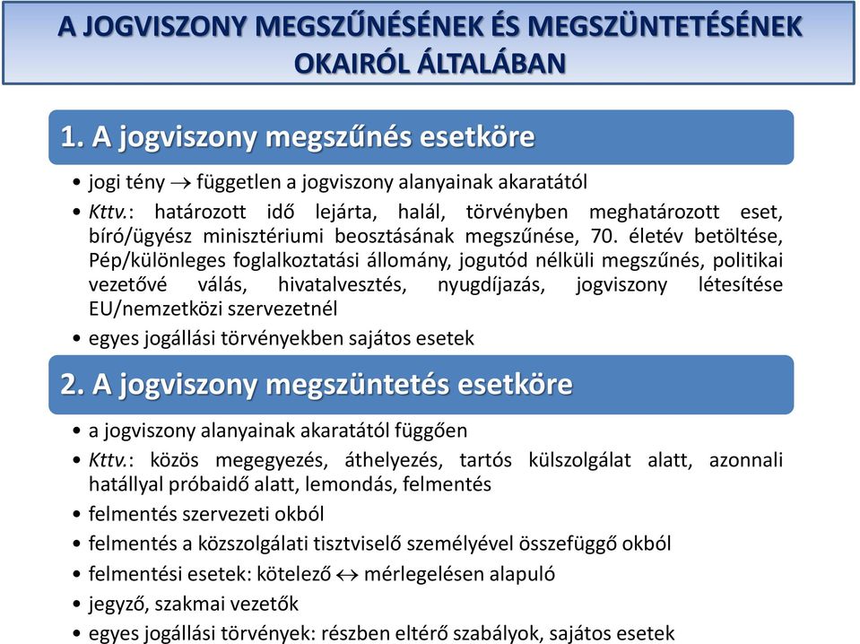 életév betöltése, Pép/különleges foglalkoztatási állomány, jogutód nélküli megszűnés, politikai vezetővé válás, hivatalvesztés, nyugdíjazás, jogviszony létesítése EU/nemzetközi szervezetnél egyes