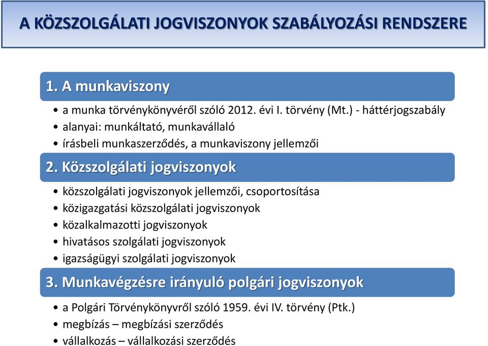 Közszolgálati jogviszonyok közszolgálati jogviszonyok jellemzői, csoportosítása közigazgatási közszolgálati jogviszonyok közalkalmazotti jogviszonyok